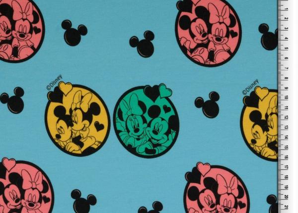 Jersey bedruckt - Micky & Minnie Maus im Kreis auf Ozeanblau